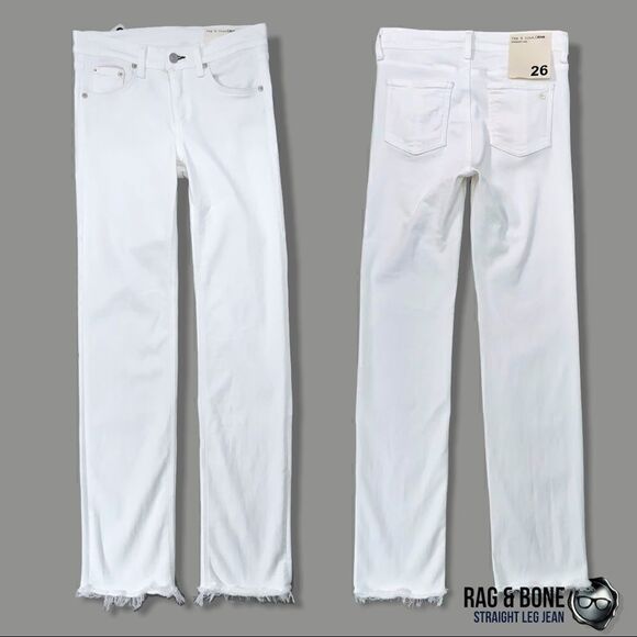 RAG & BONE STRAIGHT-LEG JEANS IN BRIGHT WHITE RAW FRAYED HEM WOMEN’S SIZE 26/2 - Picture 1 of 13